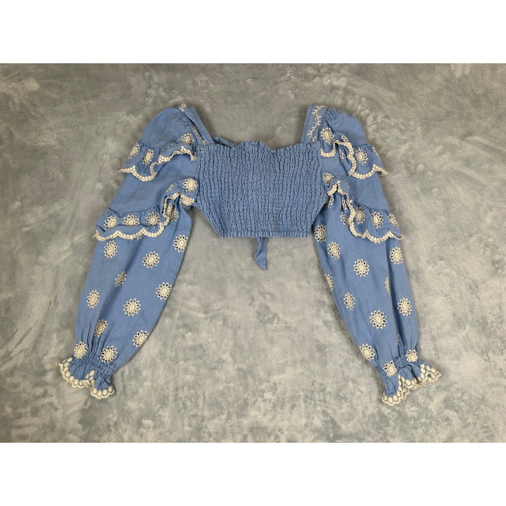 LoveShackFancy Blue Eyelet Ruffle Sleeve Tie Front Crop Top Blouse Large - Picture 9 of 9